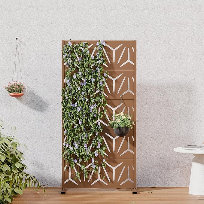 Casaphoria Metal Privacy Screen Outdoor, 60" H x 30" W Freestanding Decorative Privacy Screen for Patio Deck Balcony Garden with Stable Base, Brown-Star