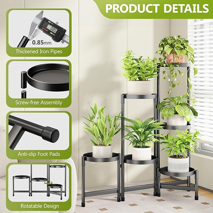 6 Tier Plant Stand Indoor, Tiered Plant Stand Outdoor for Multiple Plants, Corner Plant Shelf for Patio Balcony Porch Garden Living Room House, Black