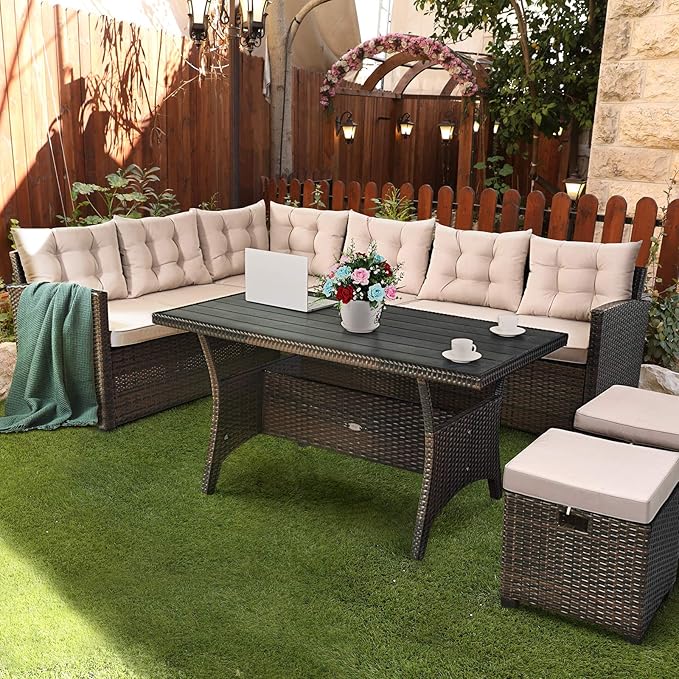 Tangkula 5 PCS Patio Furniture Set, Outdoor Conversation Set with 6 Cushioned Seat 2 Ottomans & Coffee Table, All Weather Wicker Dining Table Set with Ottoman, Rattan Sectional Couch Sofa Set