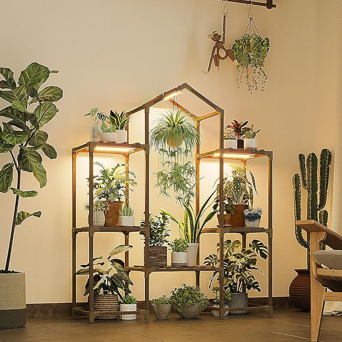 Bamworld Plant Stand Indoor with Grow Lights Wood Plant Shelf for Hanging Planter Pots Display Flower Stand for Living Room Patio Garden Decor