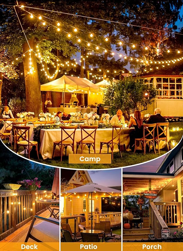 Brightown LED Outdoor String Light, 109 Feet Patio Lights with 52 Edison Shatterproof Bulbs(2 Spare), UL Listed Waterproof Outside Lights for Backyard Balcony Party Xmas Decor, E12 Base, Connectable