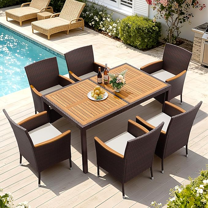 Devoko Dining 7 PCS Furniture, Patio Conversation Set with Acacia Wood Table Top, Outdoor, Beige Cushion and Brown Rattan
