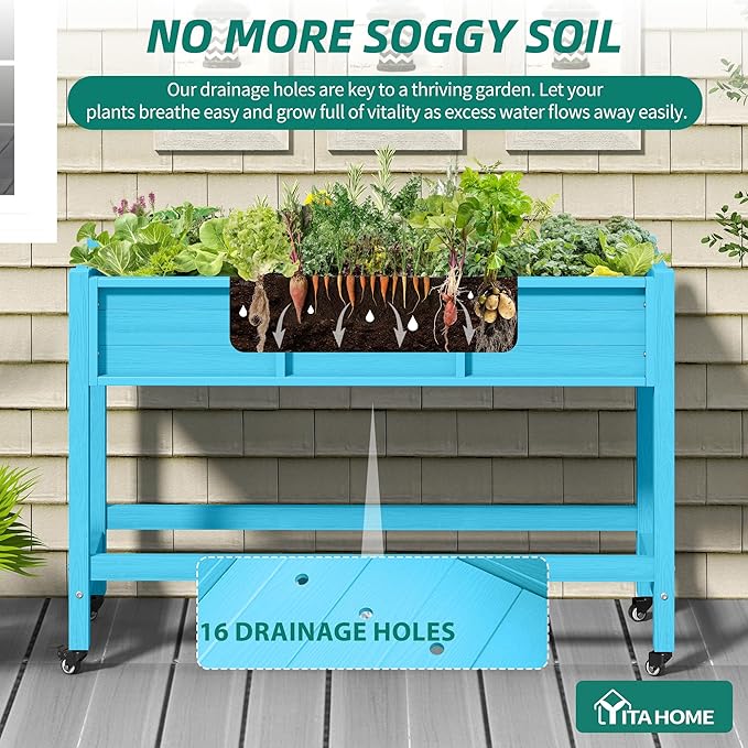 YITAHOME Raised Garden Bed HDPE, 47x18x31In Raised Flower Bed Poly-Wood Weather-Resistant Elevated Planter Box with Lockable Wheels for Vegetables, Aruba Blue
