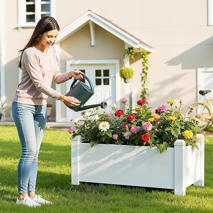 14 Gallon Raised Garden Bed, Self-Watering Raised Planter Box with Drainage Plug & Gauge for Vegetables Flowers Herbs Succulents, Rustproof Resin for Backyard Patio Porch (Ashen)