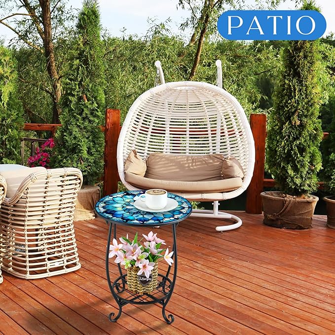 Outdoor Side Table Round Small Mosaic Patio Accent Indoor End Plant Coffee Tea Table for Yard Patio Porch Garden Living Room, Bedroom(Mandala Flower Style,14 Inch)