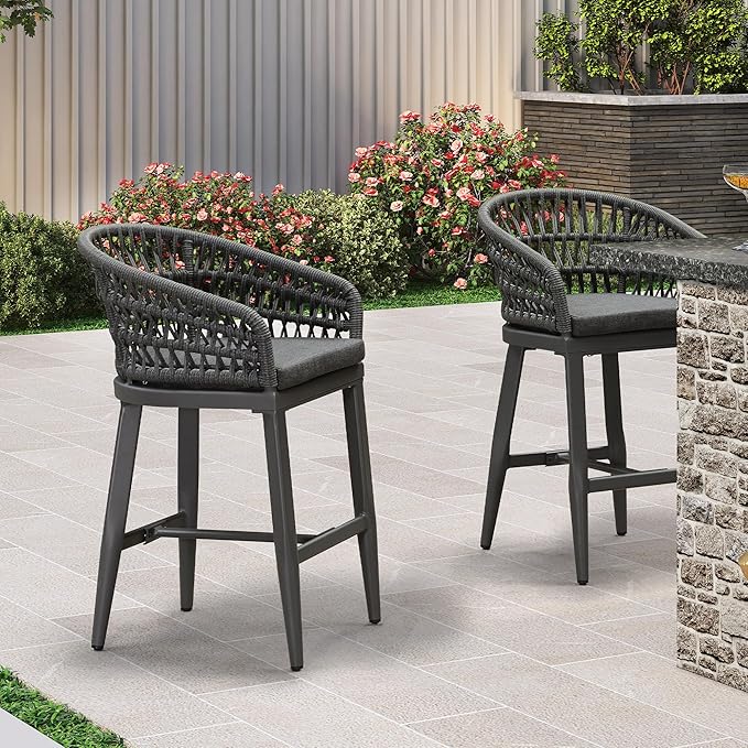 PURPLE LEAF Outdoor Rattan 24" Counter Height Bar Stools Chair Set of 2, Modern Upholstered Patio Bar Stool with Backrest for Indoor and Outdoor, Kitchen Island, Grey