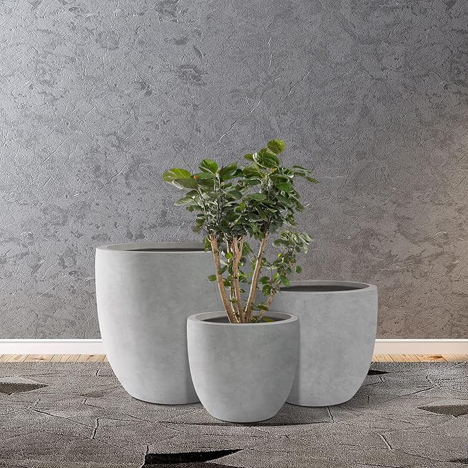 Kante 20",16.5",13.4" Dia Round Concrete Planters (Set of 3), Outdoor Indoor Modern Decorative Plant Pots with Drainage Hole & Rubber Plug for Home & Garden, Natural Concrete