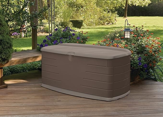 Rubbermaid Large Resin Outdoor Storage Deck Box with Seat (90 Gal), Weather Resistant, Brown, Deck Organization for Home/Backyard/Pool Chemicals/Toys/Garden Tools/Porch/Patio Cushions