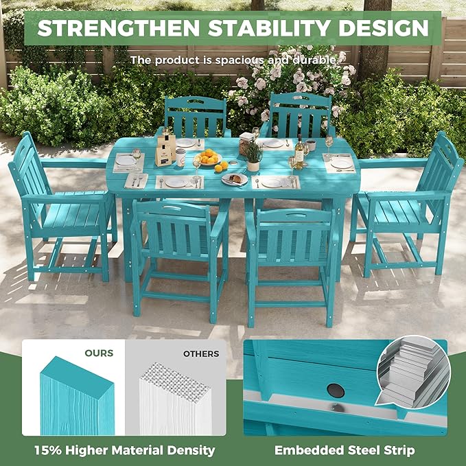 HDPE Outdoor Dining Set, Patio Table and Chairs Set, All-Weather 7-Piece Outside Table and 6 Chairs, 2" Umbrella Hole, Outdoor Furniture for Garden, Poolside, Backyard, Deck | Lake Blue