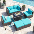 NICESOUL 29.3'' High-Back Outdoor Patio Furniture Set with Firepit Propane & Natural Gas, Oversized Deep Seat Rattan Conversations for Tall People, 7 Piece Couches, 2 Color Cushions Turquoise & Grey