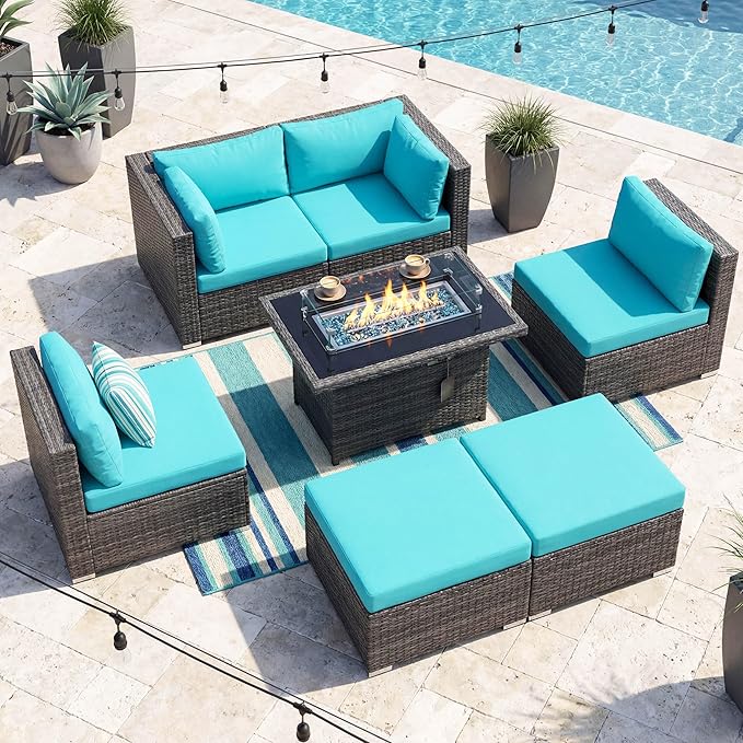 NICESOUL 29.3'' High-Back Outdoor Patio Furniture Set with Firepit Propane & Natural Gas, Oversized Deep Seat Rattan Conversations for Tall People, 7 Piece Couches, 2 Color Cushions Turquoise & Grey