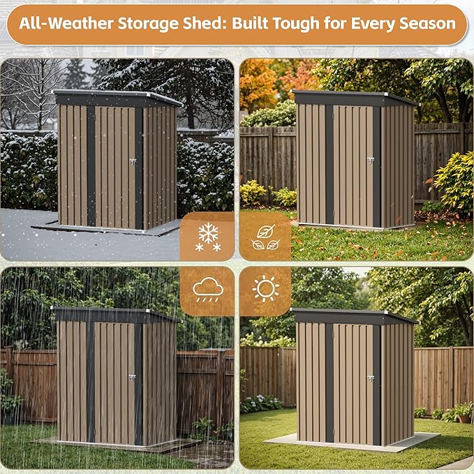 Greesum 5×3FT Outdoor Storage Shed, Metal Patio Storaged Sheds with Lockable Doors, Sheds & Outdoor Storage for Bike, Backyard, Pool and Garden, Brown