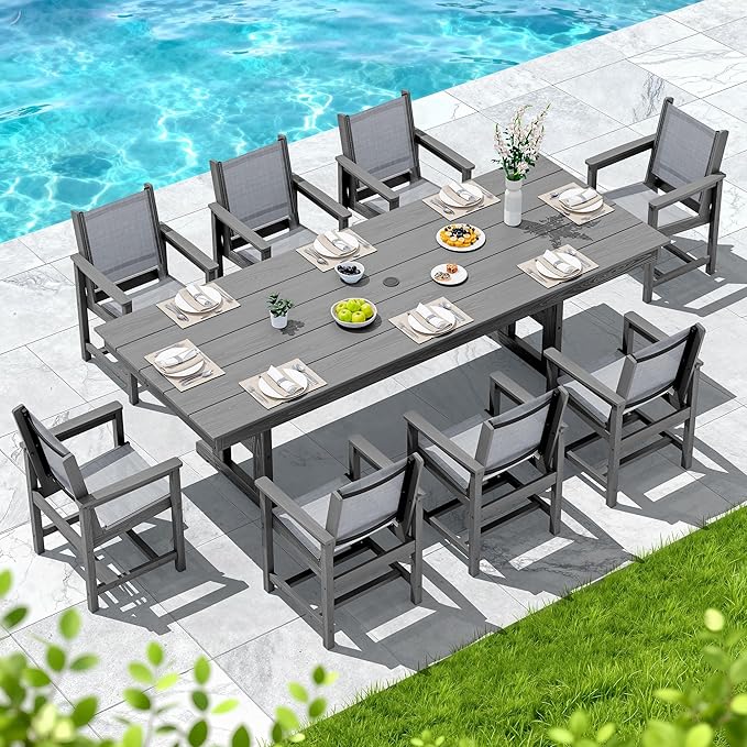 SERWALL 9 Piece Outdoor Dining Set, 84" HDPE Outdoor Large Table and Texilene Chairs for 8，All Weather Patio Dining Furniture Set with Umbrella Hole for Backyard, Garden, Gray