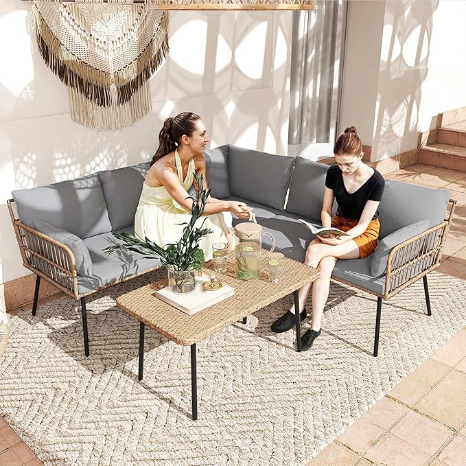 DWVO 4-Piece Outdoor Sectional Sofa Set, All-Weather Wicker L-Shaped 5-Seater Patio Furniture with Removable Cushions & Side Table, Boho Conversation Set for Backyard, Porch, Deck (Grey)
