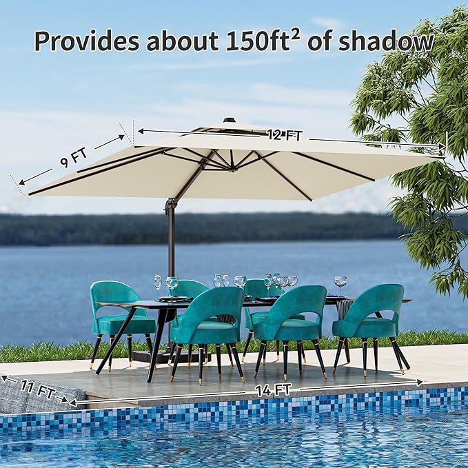 9x12FT Beige Cantilever Outdoor Patio Umbrella with Base, Large Rectangular Offset Design, Double Top Heavy Duty Aluminum Frame & 360° Rotation for Pool Garden Deck Backyard