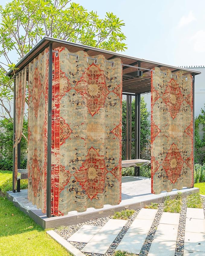 Boho Outdoor Curtains for Patio Waterproof, Grommet Privacy Curtain Drapes Weatherproof Outside Curtains for Porch GazeboPergola Cabana 2 Panel 54x84inch Rustic Bohemian Floral Tribal Orange