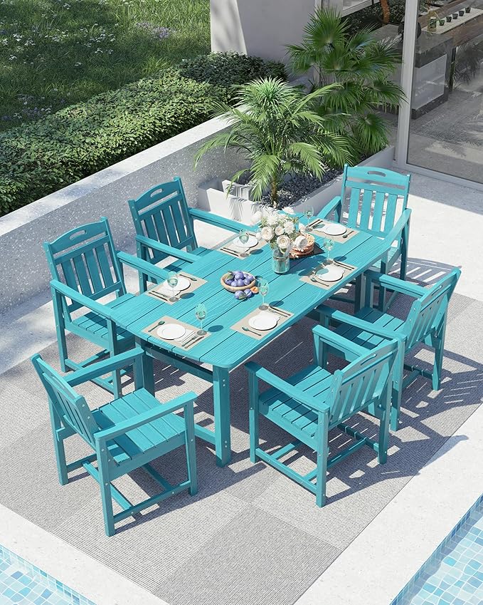 Ciokea HDPE Outdoor Dining Table with Umbrella Hole,66" Rectangle Patio Table for 6,All-Weather Outdoor Patio Furniture Set for Garden Backyard, Lake Blue