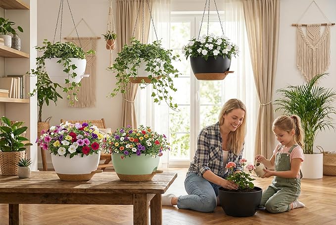 Hanging Planters, 3-Pack 10 Inch Self-Watering Pots with Drainage Holes and Chains, Matte Plastic Planters for Indoor/Outdoor Plant（Green Brown）