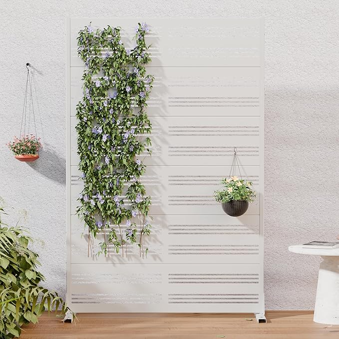 Casaphoria Metal Privacy Screen Outdoor, 72" H x 47" W Freestanding Decorative Privacy Screen for Patio Deck Balcony Garden with Stable Base, White-Harold