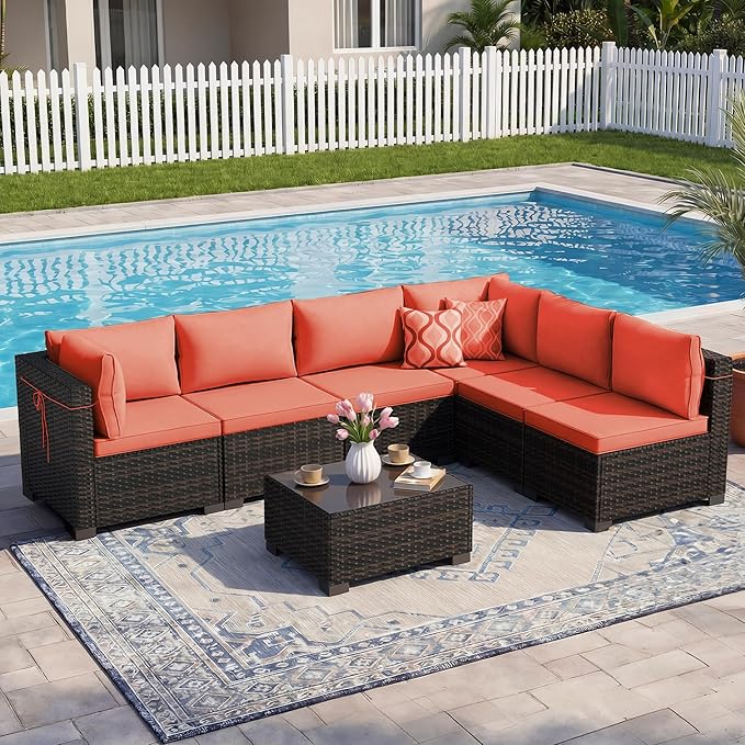 LEVELEVE 7 Pieces Outdoor Patio Furniture Sets,Rattan Conversation Sectional Set,Manual Weaving Wicker Patio Sofa with Tea Table