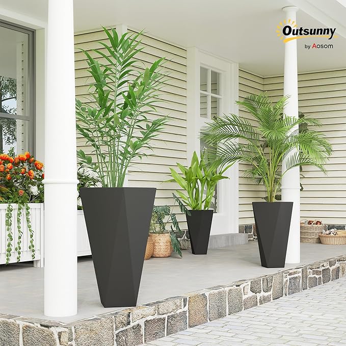 Outsunny Set of 3 Tall Planters, 28.75", 24.5", 20.5", MgO Indoor Outdoor Planters with Drainage Holes, Stackable Flower Pots for Garden, Patio, Balcony, Front Door, Black