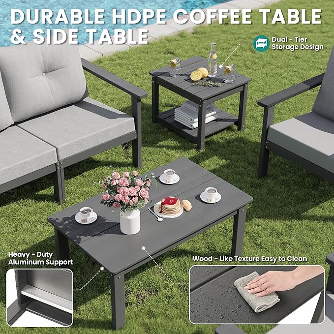 6-Piece HDPE Patio Furniture Set, Outdoor Sectional Sofa Set,All Weather Outdoor Couch with Dust-Free Cushions, Durable Patio Conversation Sets for Balcony, Porch, Gray