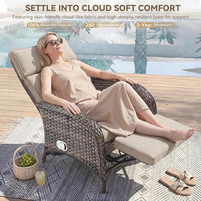 Zero Gravity Wicker Patio Recliner Chair - Wicker Outdoor Lounge Chair with Adjustable Backrest & Footrest, All Weather Outdoor Reclining Chairs with Thick Cushion for Pool Deck Beige