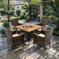 RoyalCraft 5 Piece Patio Wicker Dining Sets for 4, Water-Resistant Rattan Outdoor Dining Table and 4 Chairs with Wood Table Top, Conversation Set for Deck, Garden, Backyard, Removable Cushions, Brown