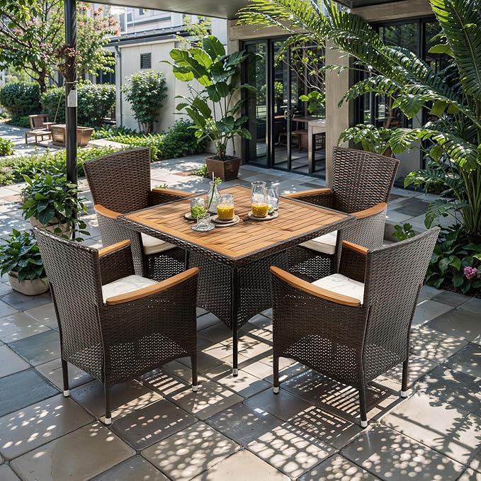 RoyalCraft 5 Piece Patio Wicker Dining Sets for 4, Water-Resistant Rattan Outdoor Dining Table and 4 Chairs with Wood Table Top, Conversation Set for Deck, Garden, Backyard, Removable Cushions, Brown