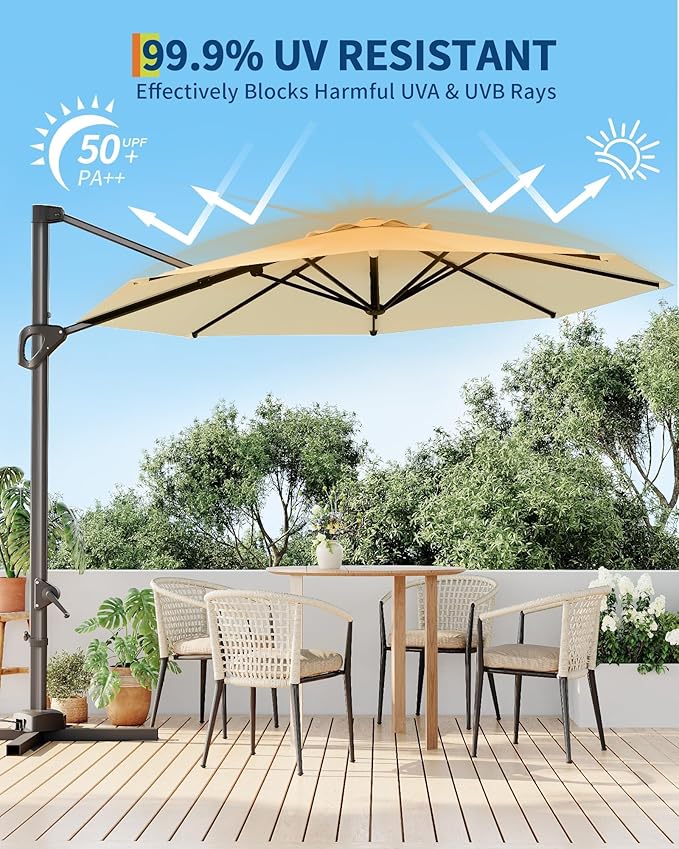 GarveeLife 10FT Patio Umbrella Outdoor Large Cantilever Umbrella Market Sun Shade Windproof Offset Umbrella with 360-Degree Rotation for Garden Deck Pool Patio, Beige