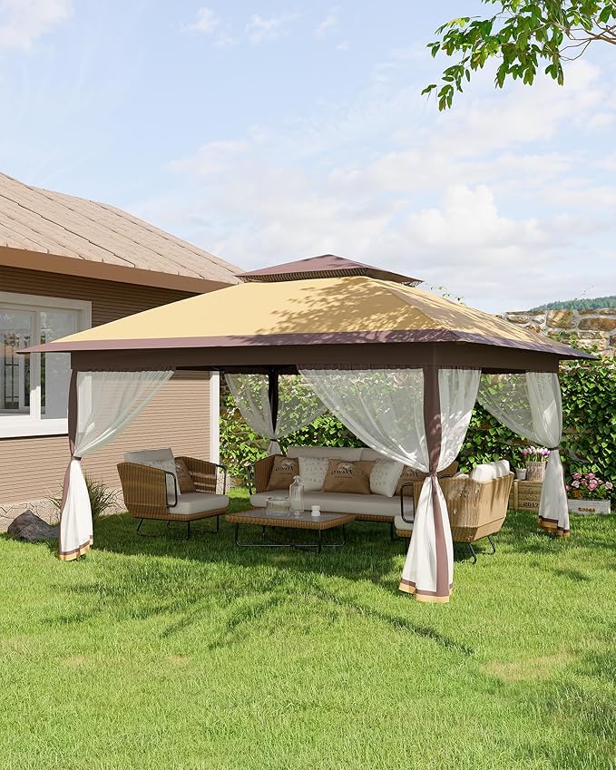 Canopy Tent 12x12 ft, Pop Up Gazebo One-Push Setup with 4 SandBags for Backyard Parties and BBQs, Mosquito Netting & Height Adjustable - Khaki & Coffee
