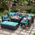 NICESOUL Big Size 9 Piece Patio Furniture Set with Fire Pit Natural Gas & Propane, 29.3'' High Back Comfy Outdoor Rattan Conversations, Wide Seats Couches for Outside, 2 Color Cushions Teal & Gray