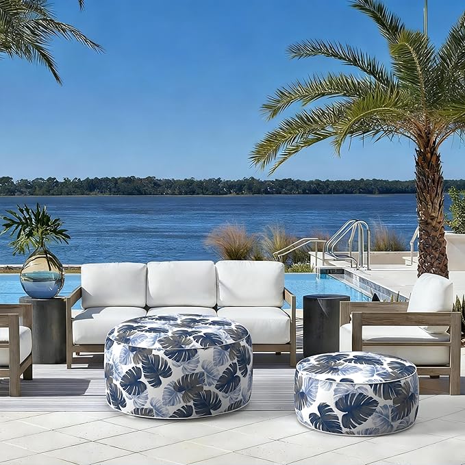 LVTXIII Indoor/Outdoor Inflatable Ottoman with Handle D21 x H9 Inch, Weather-Resistant Round Footstool Pouf for Patio Camping Living Room, Portable Footrest Extra Seating, Big Leaves