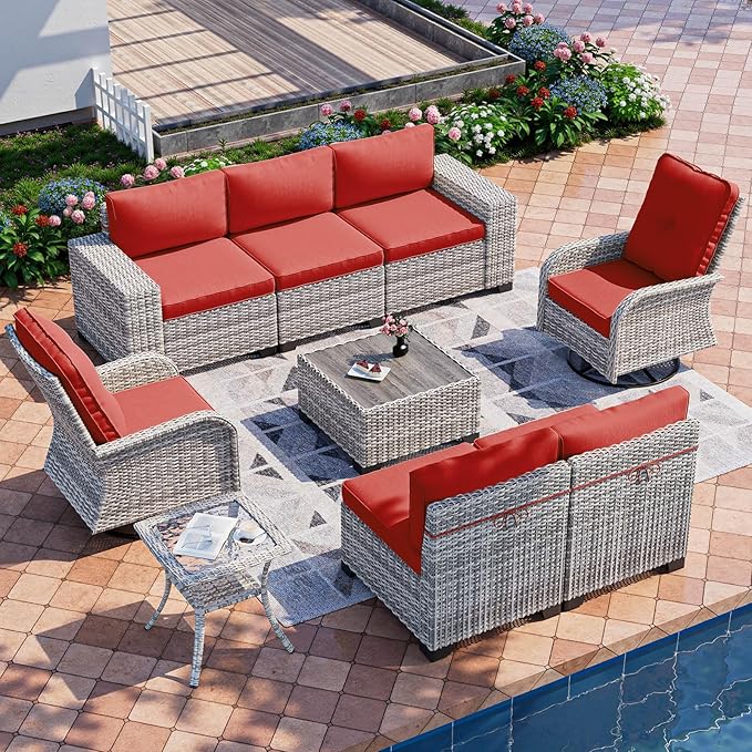 9-Piece Outdoor Patio Furniture Set with Rocking Swivel Chair Wicker Sectional Sofa Set, Patio Conversation Set with Thickened Cushions & Coffee Table for Garden, Backyard, Red