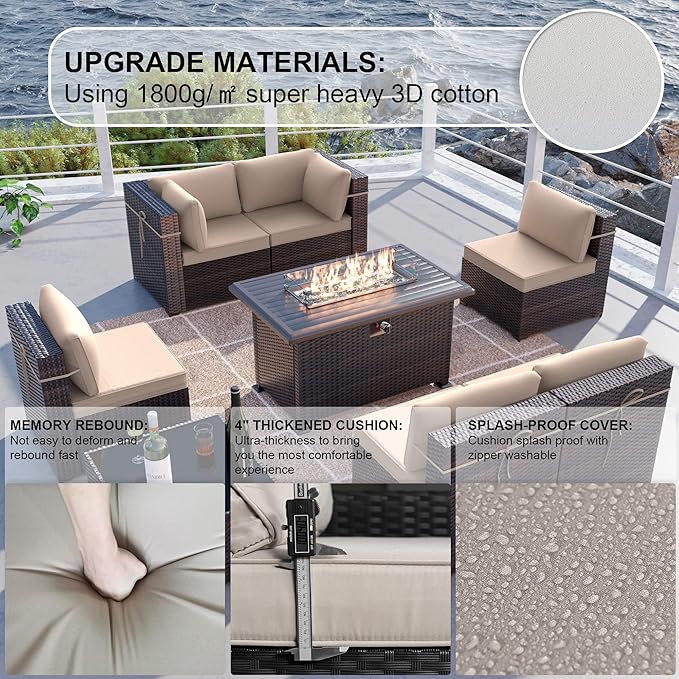 Kullavik 8 Pieces Outdoor Patio Furniture Set with 43" 55000BTU Gas Propane Fire Pit Table PE Wicker Rattan Sectional Sofa Patio Conversation Sets,Khaki