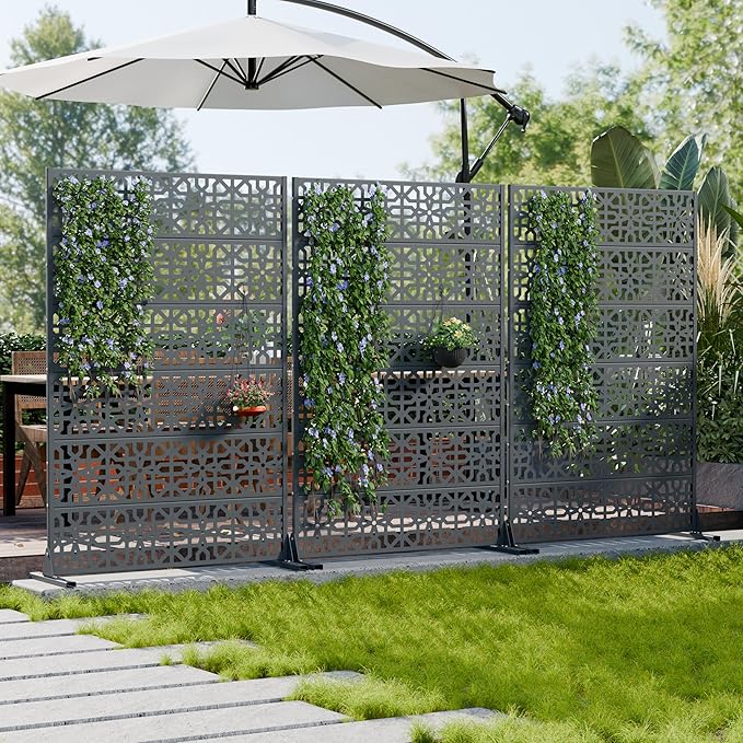 Casaphoria Metal Privacy Screen Outdoor, 72" H x 47" W Freestanding Decorative Privacy Screen for Patio Deck Balcony Garden with Stable Base, Drakgrey-Perilla