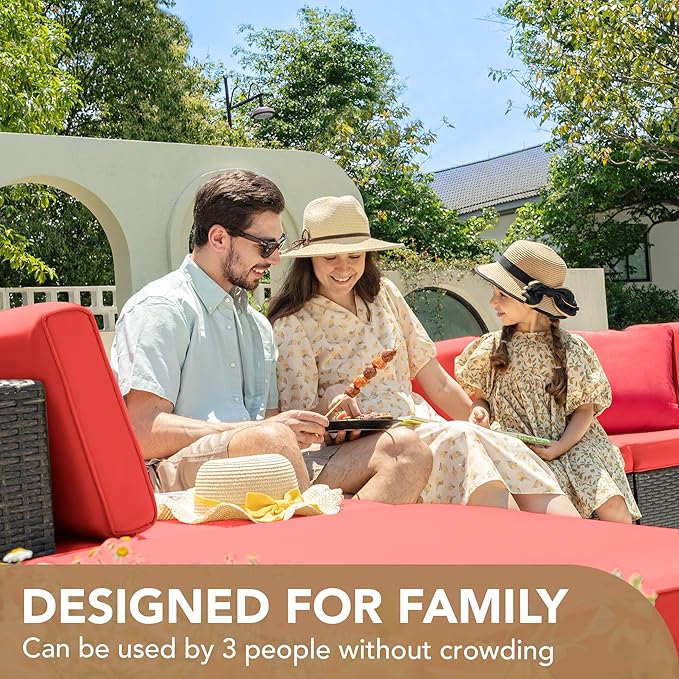 Devoko 5 Pieces Patio Furniture Sets All Weathevr Outdoor Sectional Patio Sofa Manual Weaving Wicker Rattan Patio Seating Sofas with Cushion and Glass Table (Red)