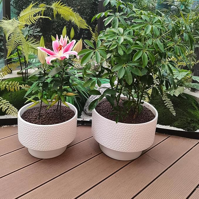 11 Inch Ceramic Plant Pots, Planter Pot with Drainage Hole, Honeycomb Ceramic Flower Pot Outdoor Indoor, Large Modern Decorative Planters for Home/Office Plants, White