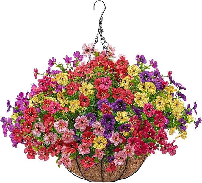 Artificial Faux Hanging Plants Flowers Basket for Outdoors Spring Summer Decoration,Hanging Planters with Fake Silk Flowers UV Resistant Realistic for Outside Porch Patio Balcony Garden （6 Multicolor）