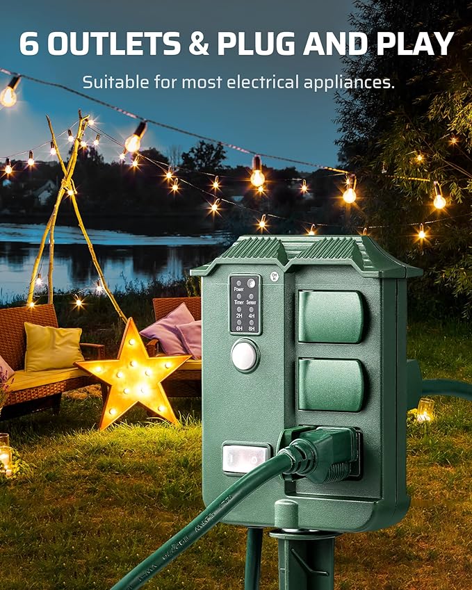 DEWENWILS Outdoor Power Stake Timer Waterproof, 6 Grounded Outlets, 6FT Extension Cord, 100FT Wireless Remote Control, Photocell Dusk to Dawn Timer for Lights, Yard, Garden, UL Listed