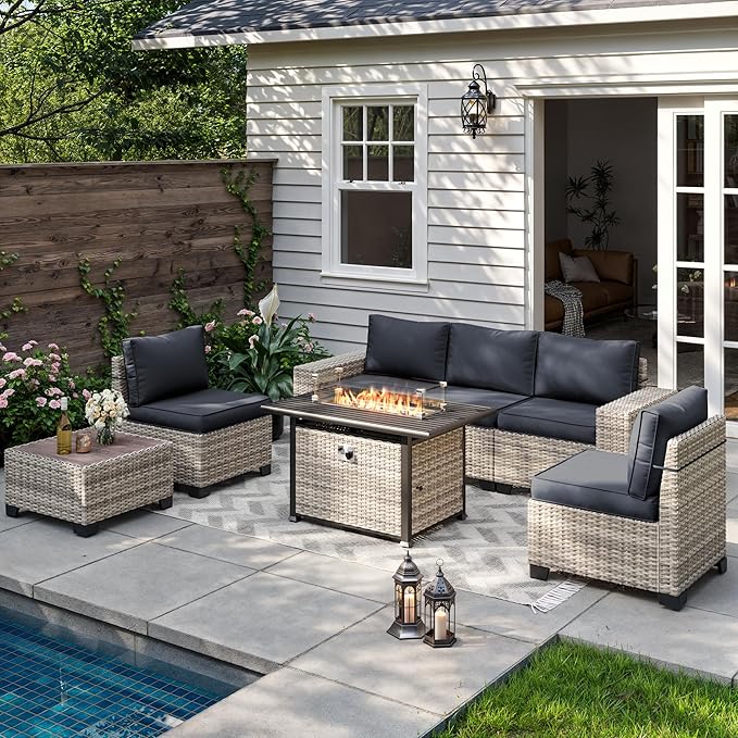 7 Pieces Outdoor Patio Furniture Set with 55,000 BTU Propane Fire Pit Table, PE Wicker Rattan Sectional Sofa Patio Conversation Set with Coffee Table, Dark Grey