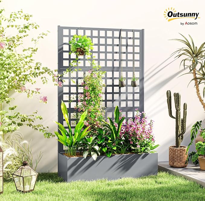 Outsunny Galvanized Raised Garden Bed with Trellis, Metal Planter Box with Drainage Holes, Outdoor Privacy Screen for Climbing Plants, Vegetable, Vines, 43" x 16" x 70", Gray Wood Effect