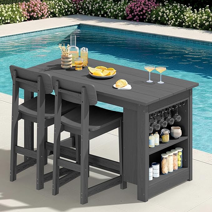 SERWALL 3-Piece Outdoor Counter Height Bar Set, HDPE Patio Bar Table with Wine Rack & Storage Shelf, 2 All-Weather Bar Stools, Patio Bar Dining Furniture Set for 3, Grey