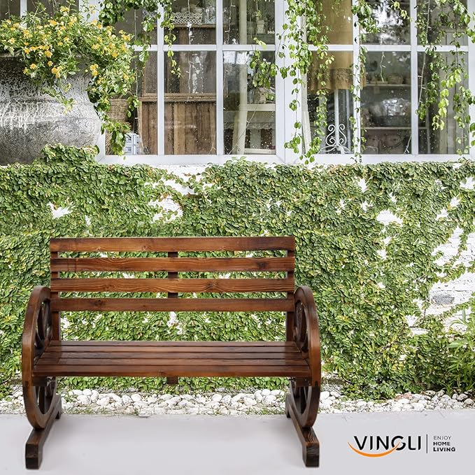 VINGLI Rustic Wooden Wheel Bench Outdoor Bench, Patio Bench Wagon Slatted Seat, Garden Benches for Outdoors 350lbs High Capacity, Weather Resistance (Rustic, 41in)