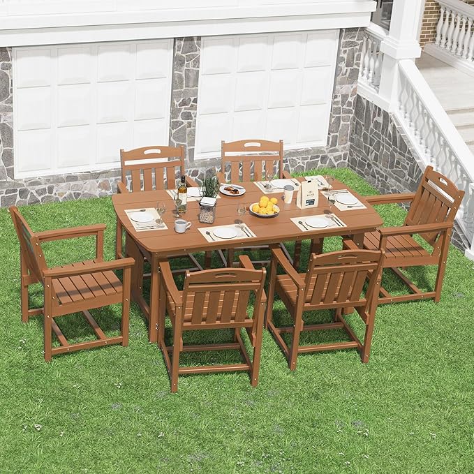 HDPE Outdoor Dining Set, Patio Table and Chairs Set, All-Weather 7-Piece Outside Table and 6 Chairs, 2" Umbrella Hole, Outdoor Furniture for Garden, Poolside, Backyard, Deck | Teak