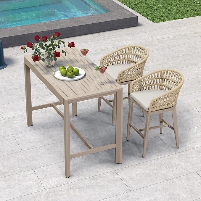 PURPLE LEAF Outdoor Rattan 24" Counter Height Bar Stools Chair Set of 2, Modern Upholstered Patio Bar Stool with Backrest for Indoor and Outdoor, Kitchen Island, Champagne