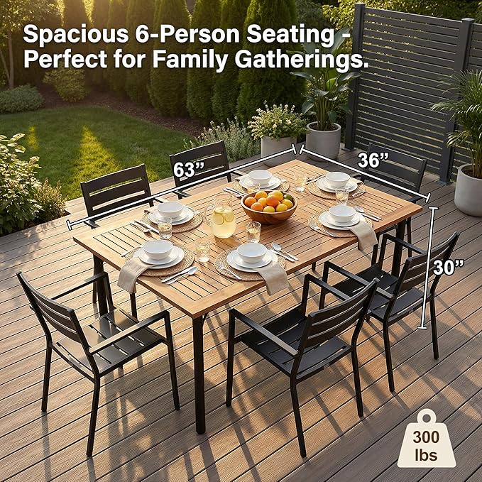 Flamaker Acacia Wood Patio Outdoor Dining Table for 6, Outdoor Table with Umbrella Hole and Metal Legs for Garden, 63’’L x 36’’ W x 30’’ H