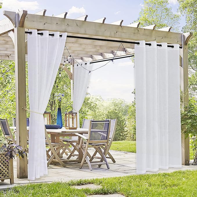 RYB HOME 2 Panels Pergola Curtains Outdoor - Linen Look Waterproof White Sheer Curtains Half Privacy Outdoor Curtains for Patio Porch Pool Hut Spa, 54 inches Wide x 96 inches Long