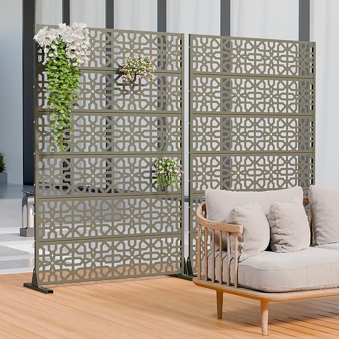 Casaphoria Metal Privacy Screen Outdoor, 72" H x 47" W Freestanding Decorative Privacy Screen for Patio Deck Balcony Garden with Stable Base, Green-Perilla