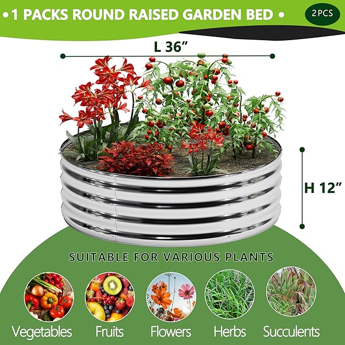2PCS 3x3x1FT Galvanized Raised Garden Bed Kit,Vegetable Boxes-Round Metal Flower Box,Large Planter Raised Beds Outdoor Garden for Planting,Fruit,Herb-Silver